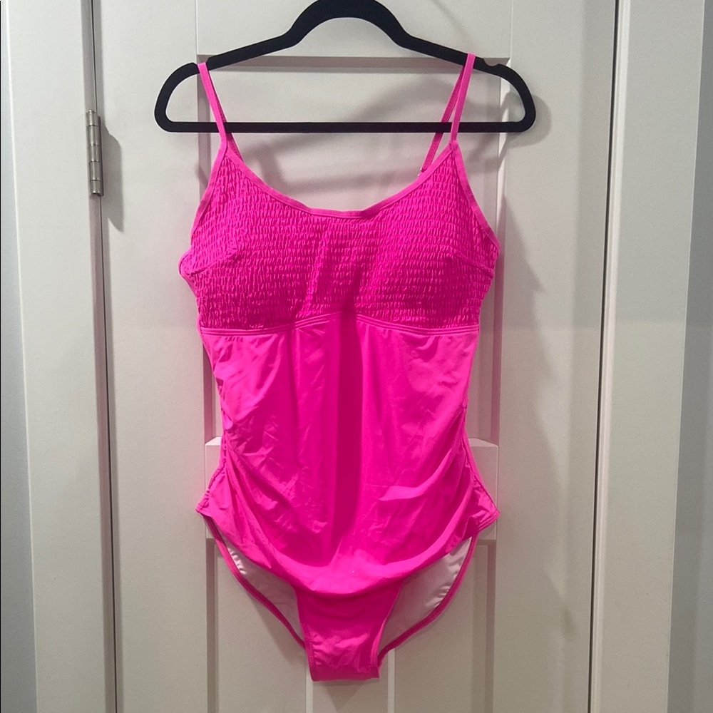 Vibrant Neon Pink Smocked One Piece Swimsuit NWT XL Heytalala Summer Vacay Beach